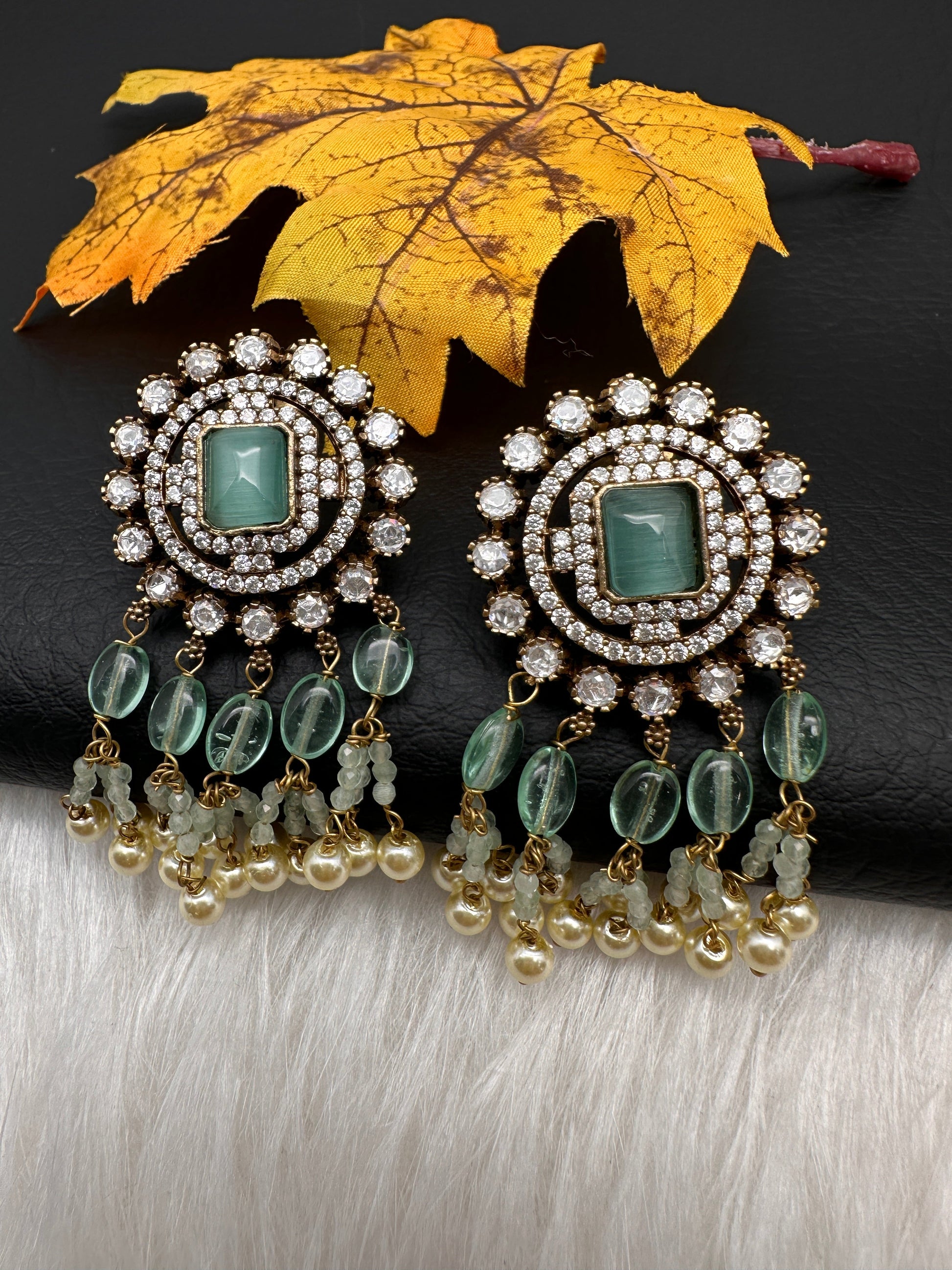 AD Color Stone Kundan Jhumki Earings - LightGreen