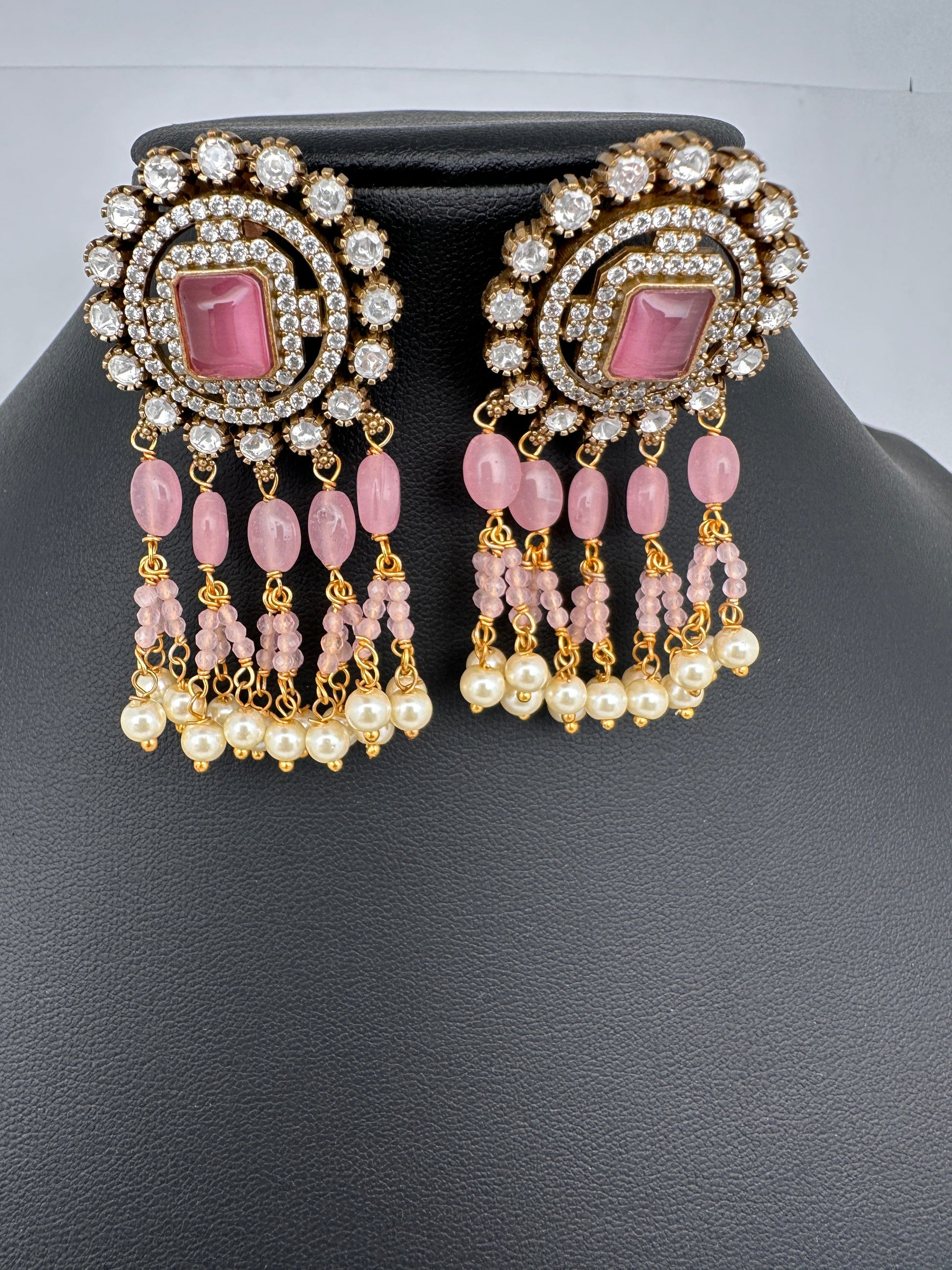 AD Color Stone Kundan Jhumki Earings - Pink