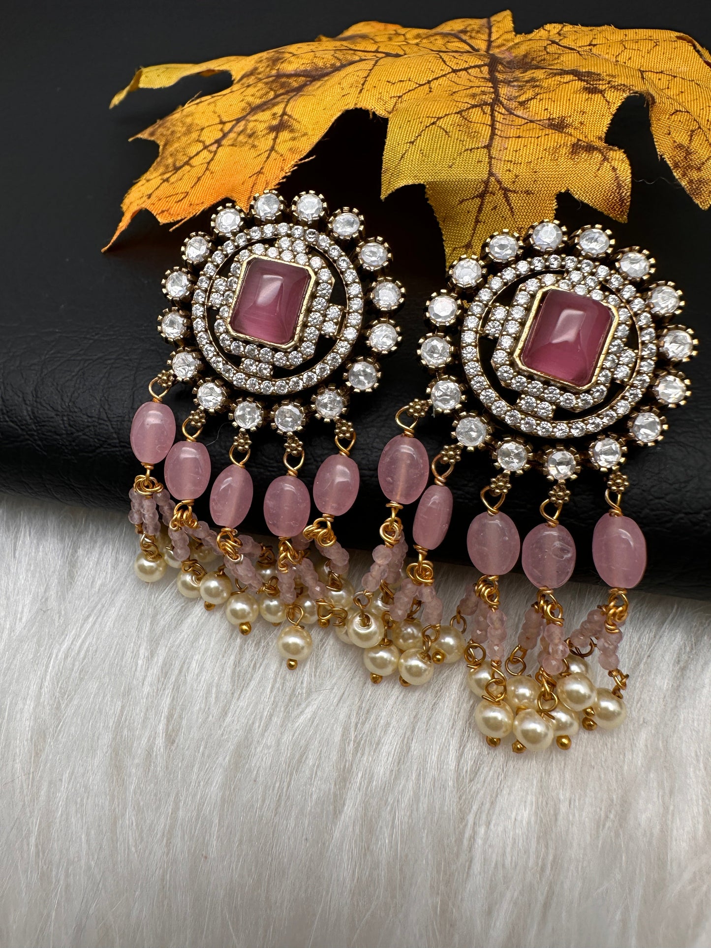 AD Color Stone Kundan Jhumki Earings - Pink