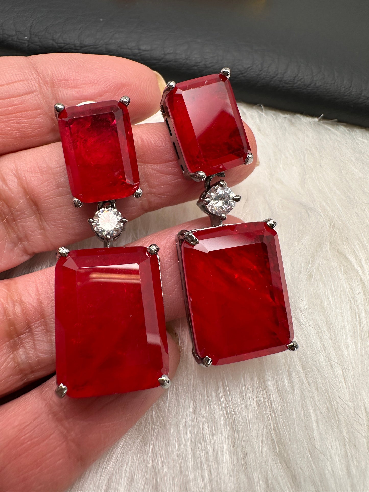 Doublet Color Stone Victorian Earrings - Red