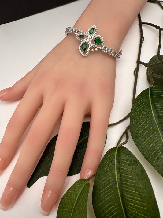 CZ Silver Finish Color Stone Openable Bracelet - Green