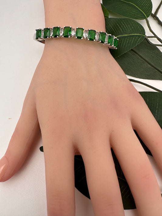 CZ Silver Finish Color Stone Openable Bracelet - Green