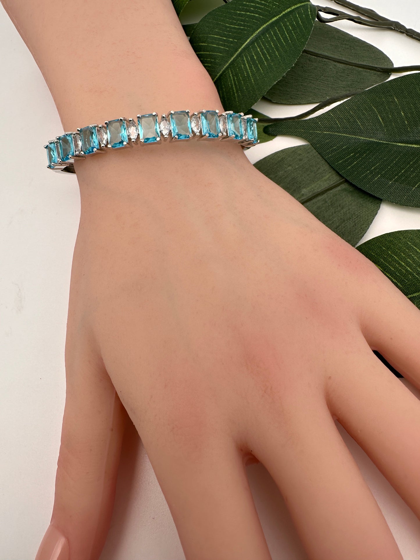 CZ Silver Finish Color Stone Openable Bracelet - LightBlue