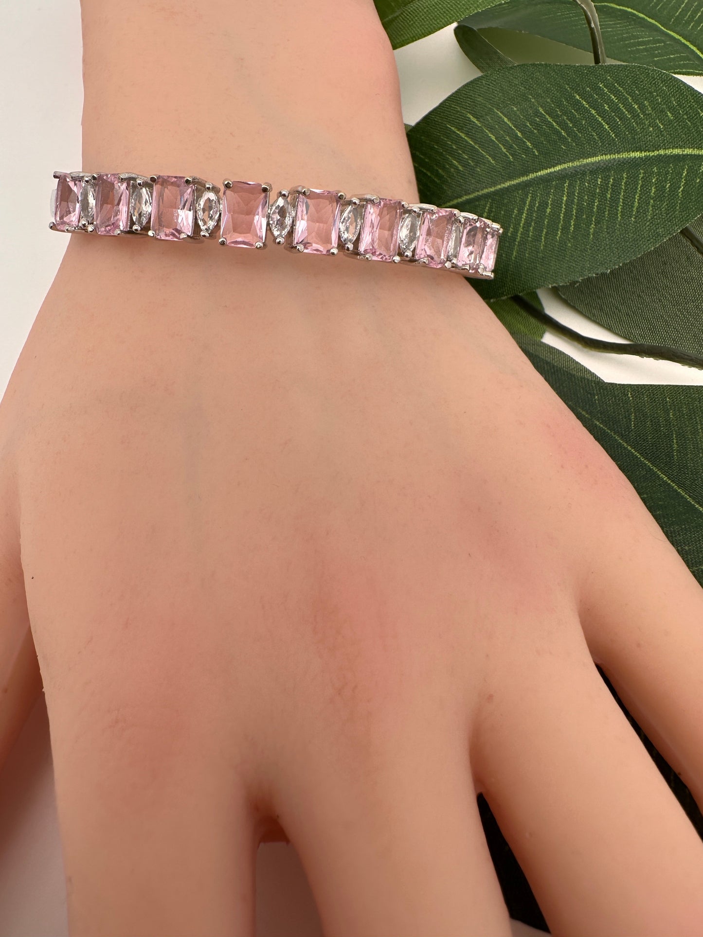 CZ Silver Finish Color Stone Openable Bracelet - Pink