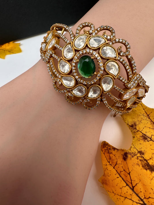 CZ Kundan Color Stone Openable Bracelet - Green