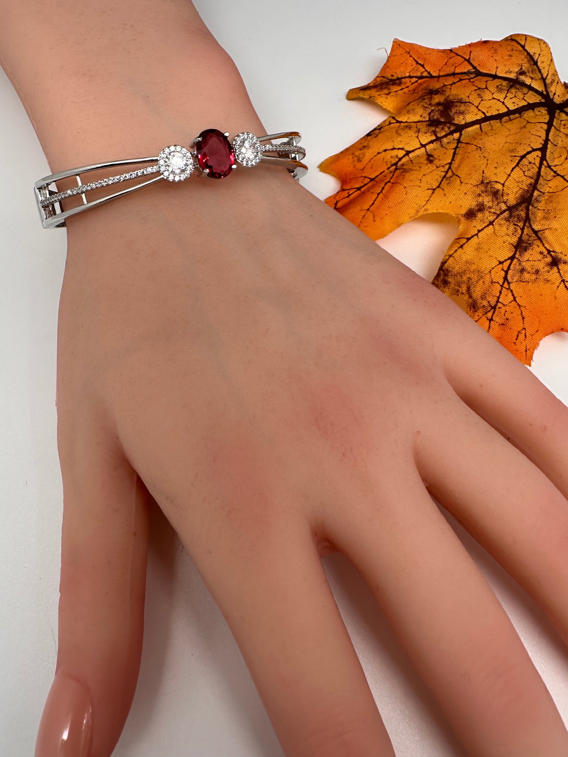 Silver Sleek Color Stone Openable Bracelet - Red