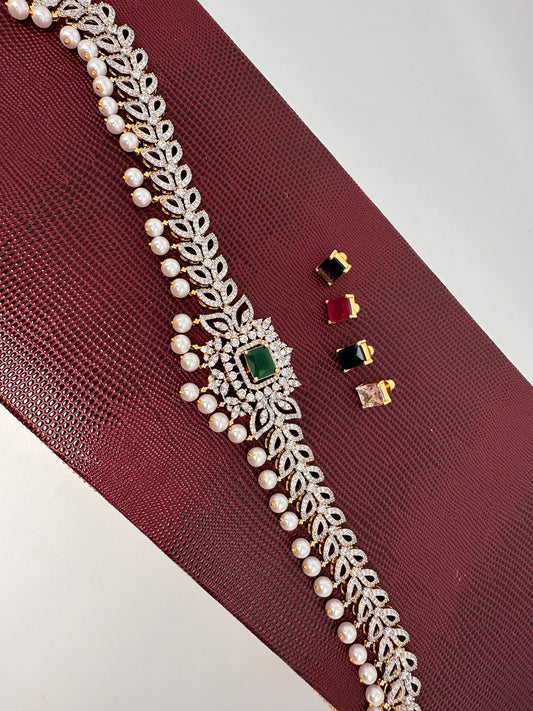 AD Sleek Changeable Color Stone Pearls Hip Chain Kamarbandh