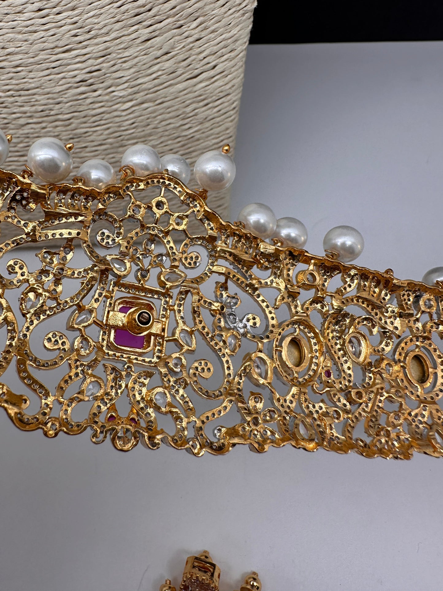 AD Diamond Finish Changeable Color Stone Pearls Hip Belt Kamarbandh