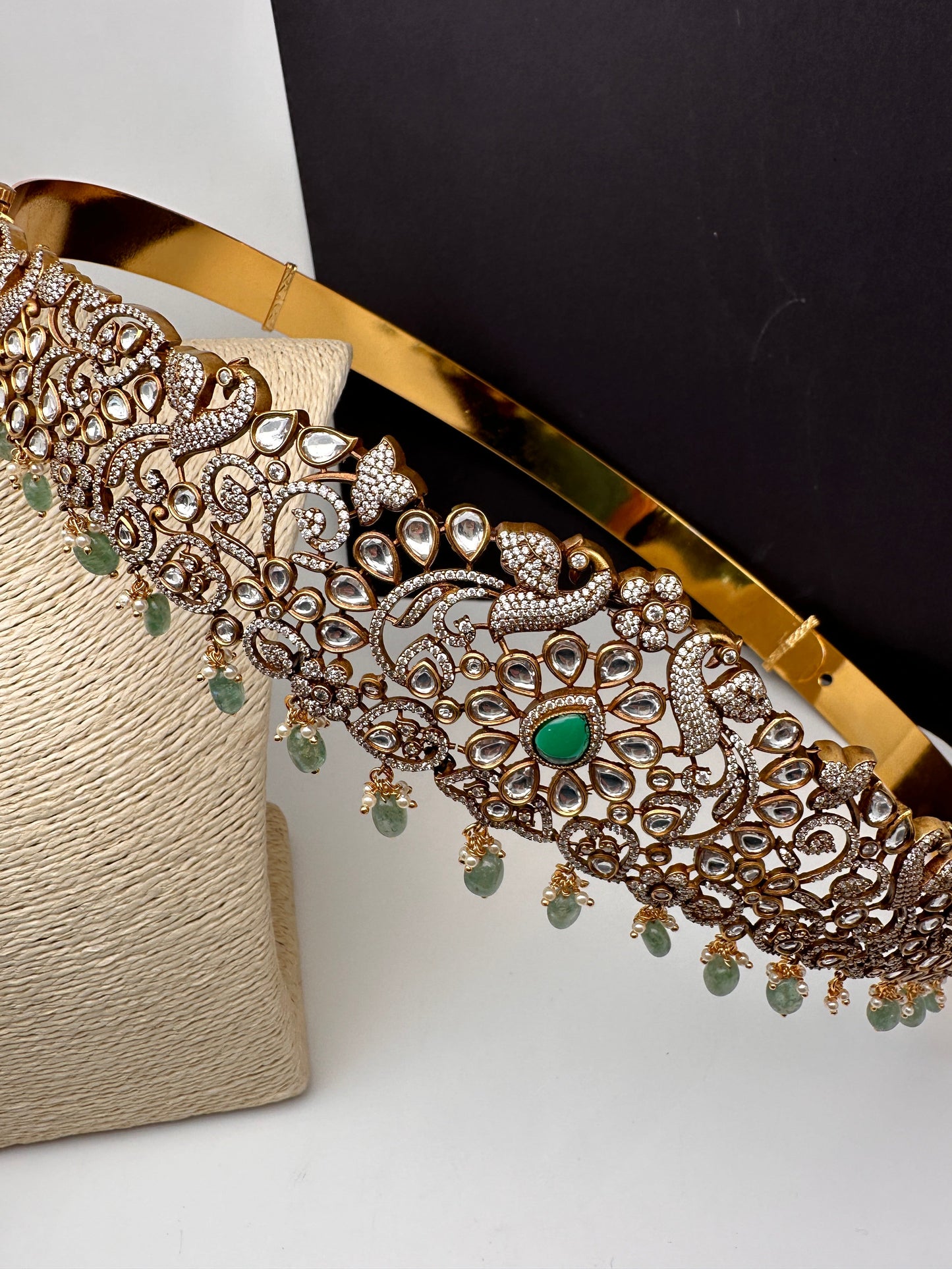 Victorian Kundan Green Emerald Beads Hip Belt Vaddanam