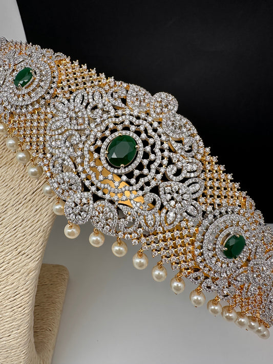 AD Diamond Finish Emerald Green Stone Hip Belt Kamarbandh