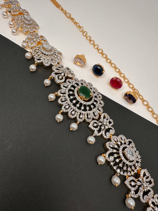 AD Changeable Color Stone Pearls Peacock Design Hip Chain Kamarbandh