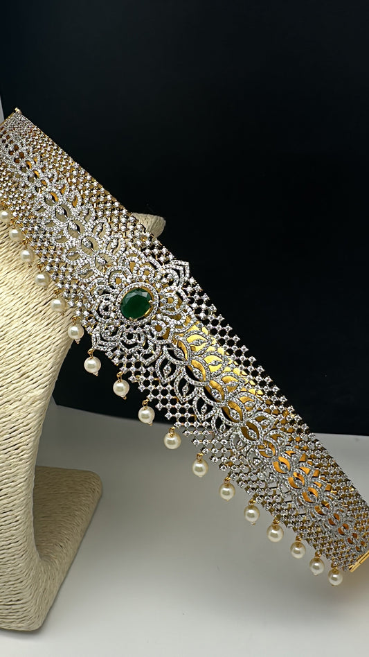 AD Diamond Finish Emerald Green Stone Hip Belt Kamarbandh