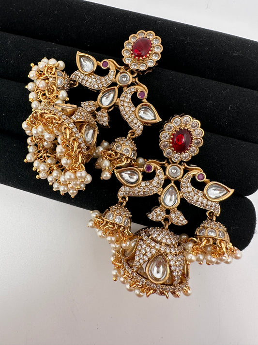 CZ Kundan Triple Jhumkas - Red