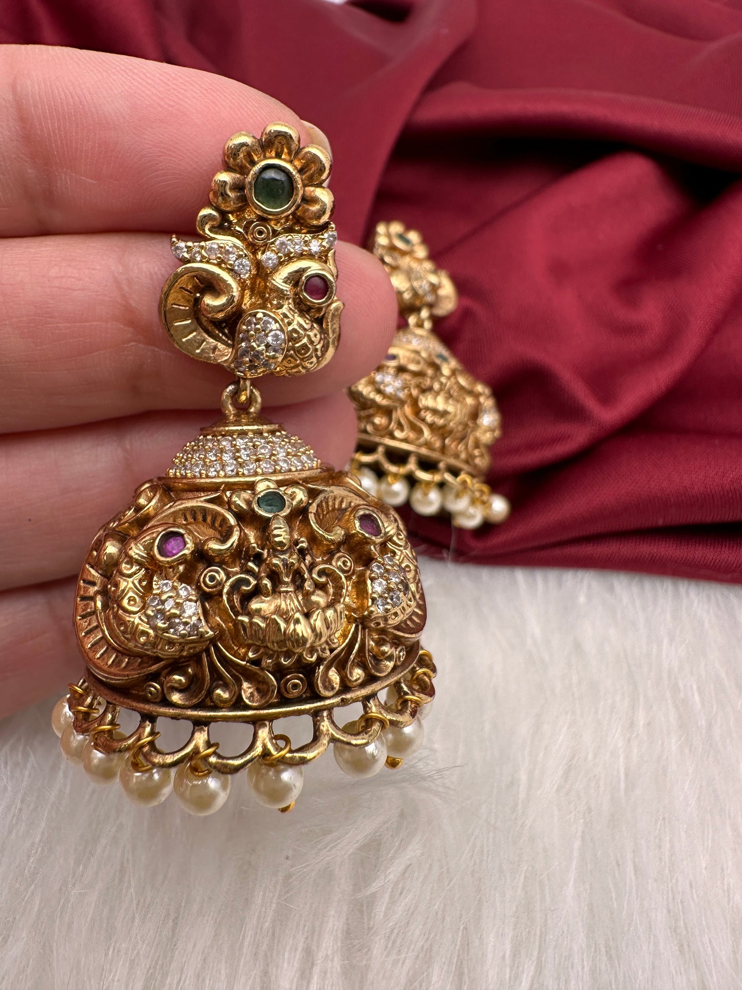 Goddess Lakshmi Peacock Nakshi Matte Jhumkis