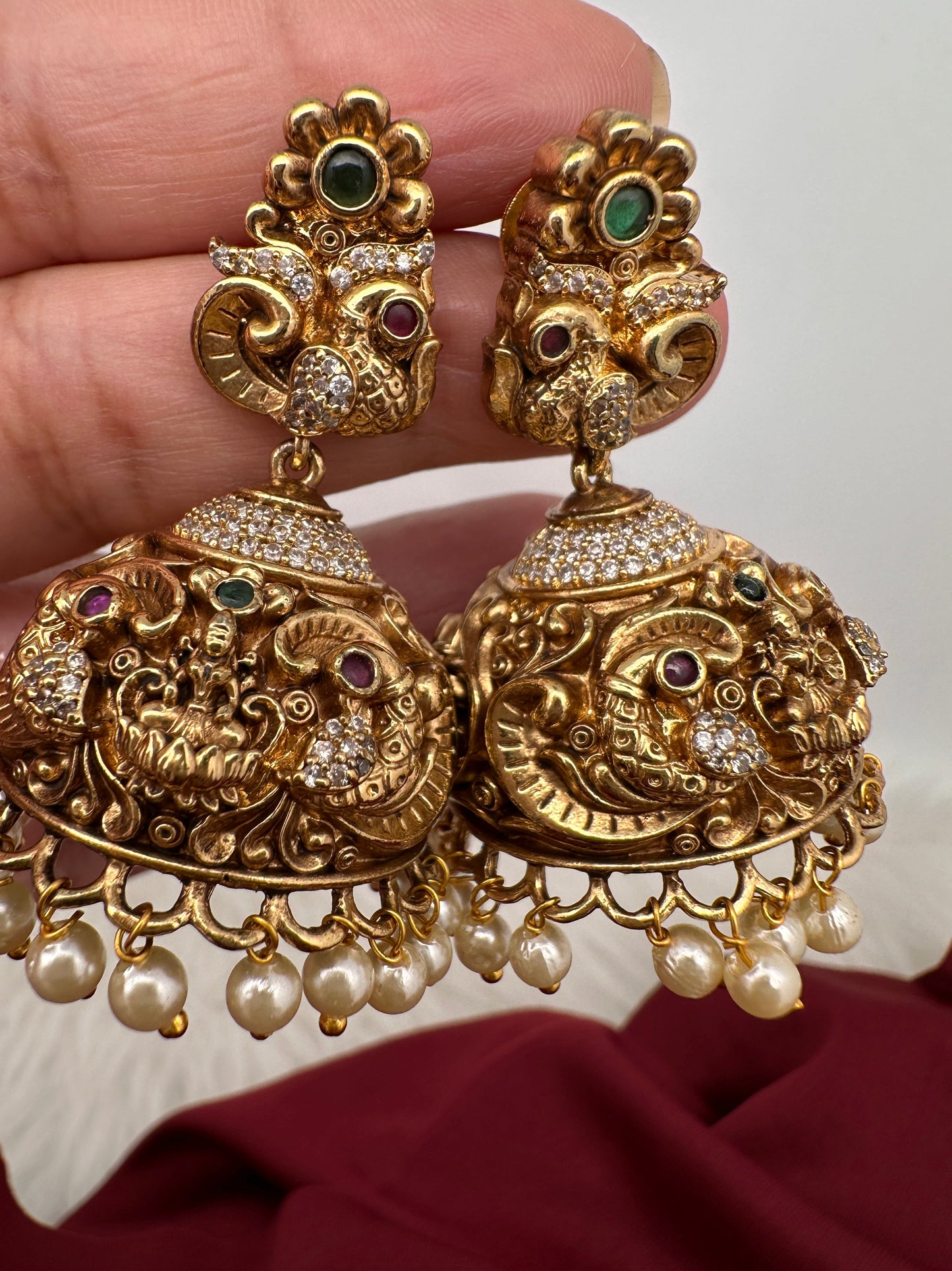 Goddess Lakshmi Peacock Nakshi Matte Jhumkis