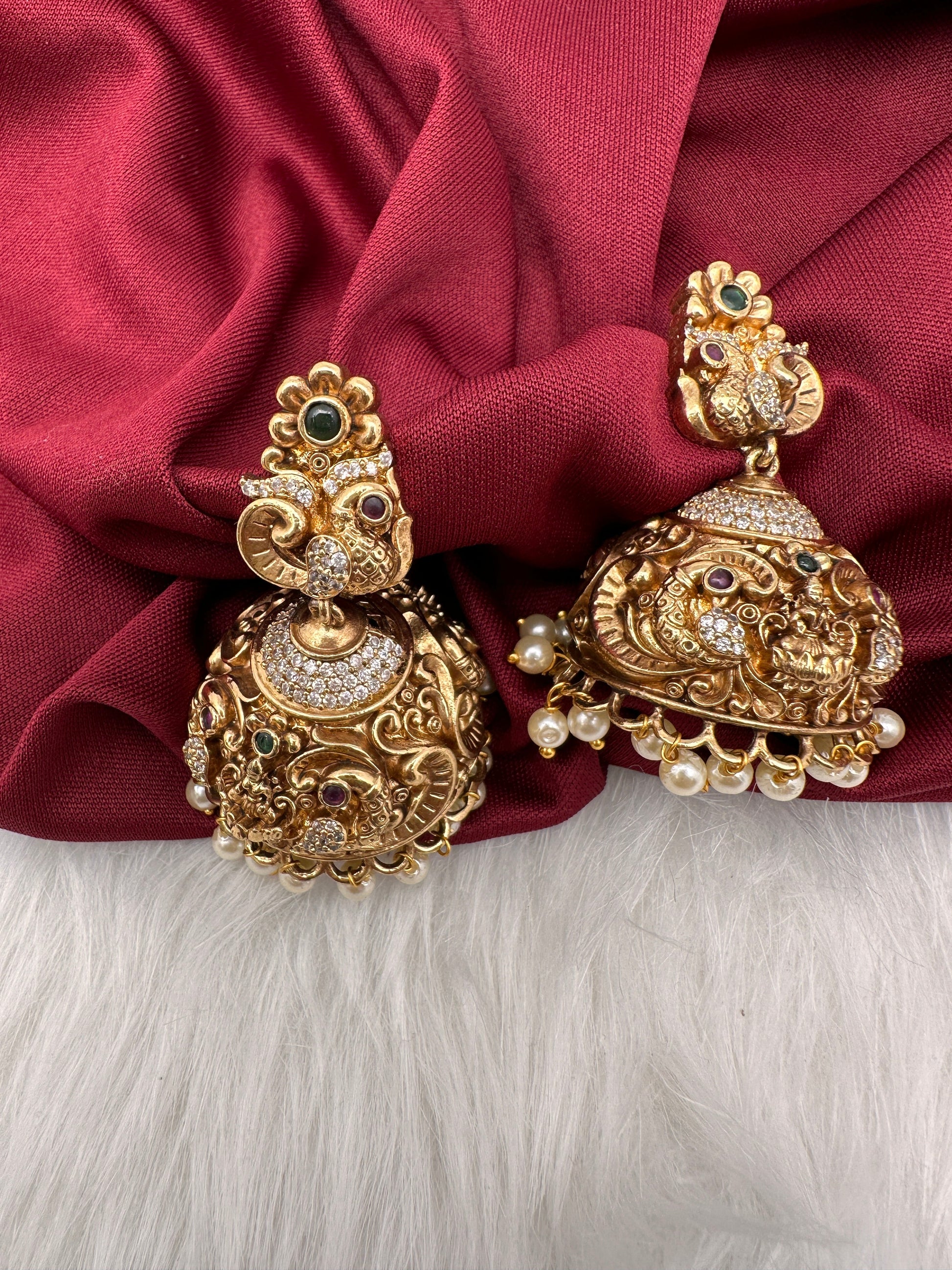 Goddess Lakshmi Peacock Nakshi Matte Jhumkis