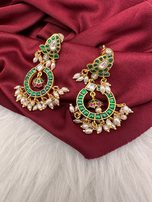 Jadau Kundan Green Chandbali Earrings