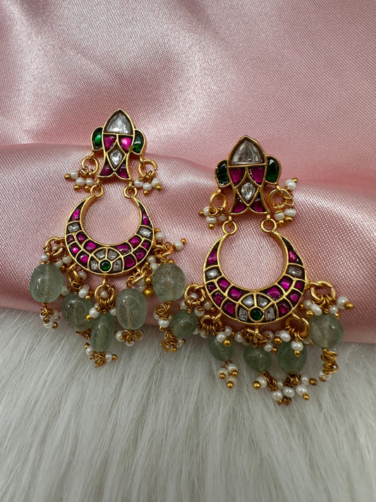 Jadau Kundan Emerald Beads Small Chandballi Earrings