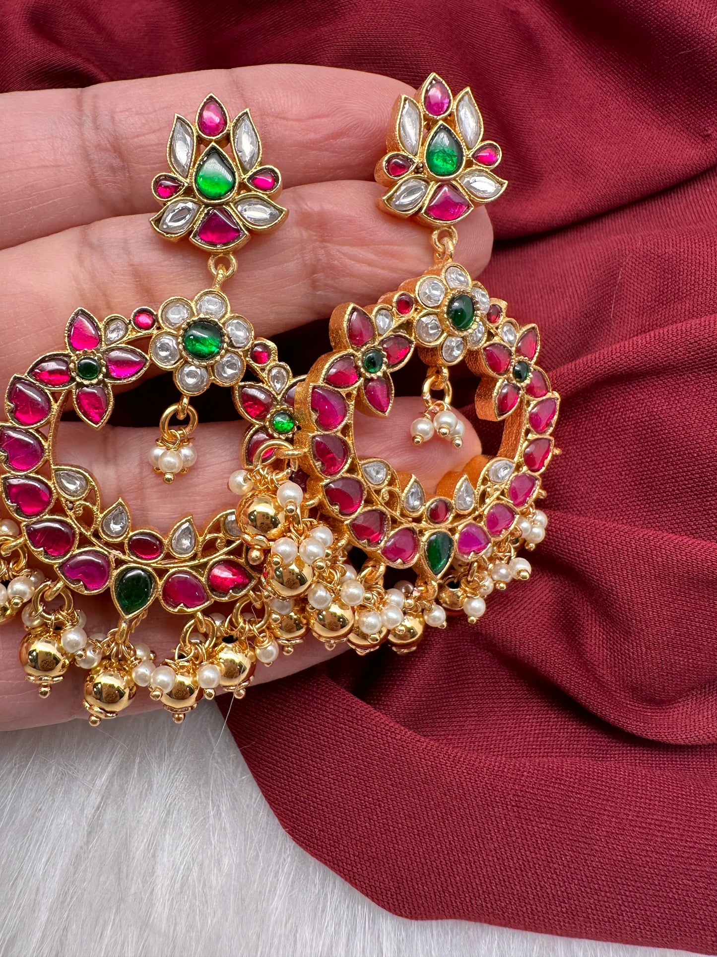 Multi Stone Floral Jadau Kundan Chandballi Earrings