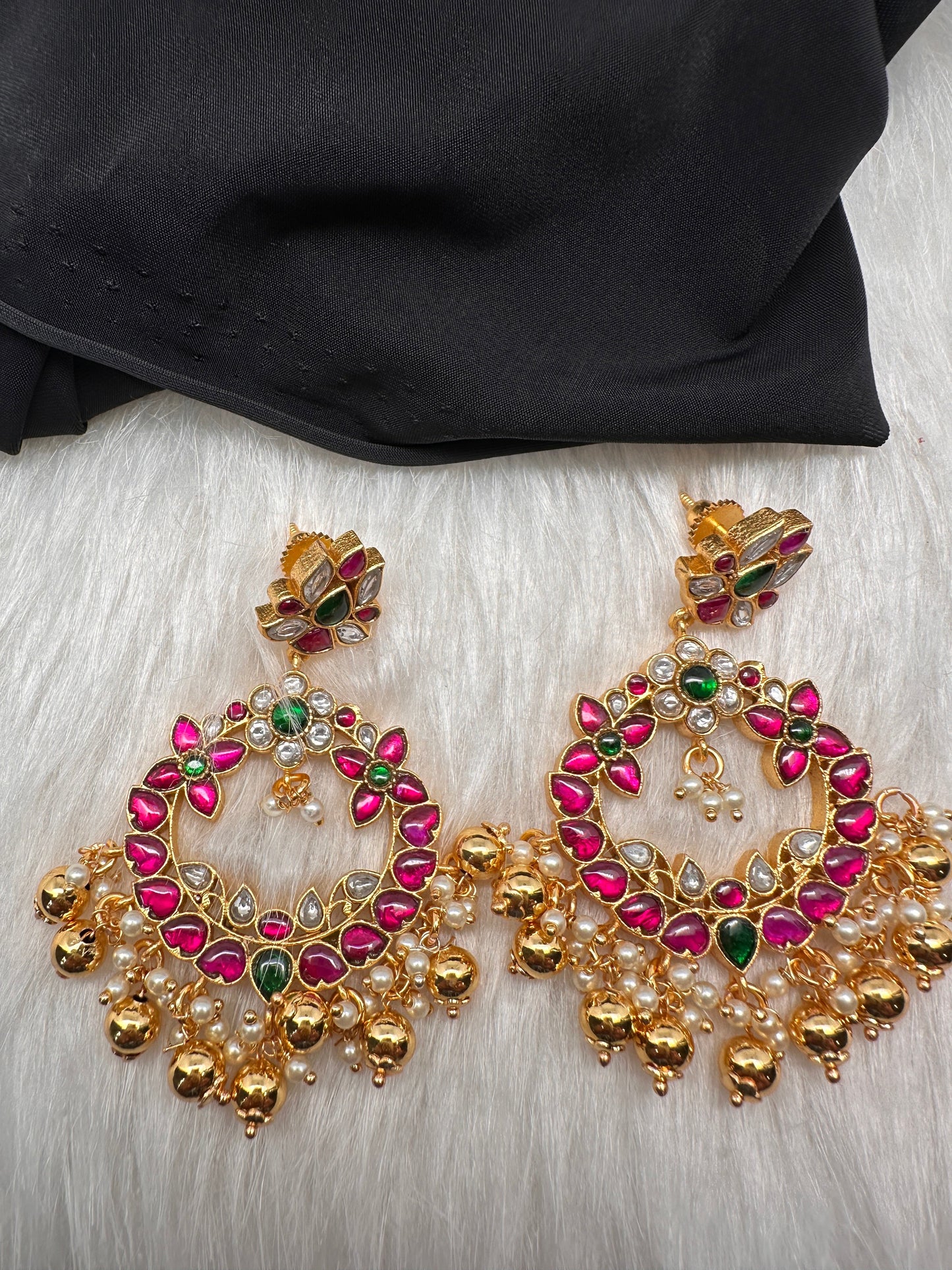 Multi Stone Floral Jadau Kundan Chandballi Earrings