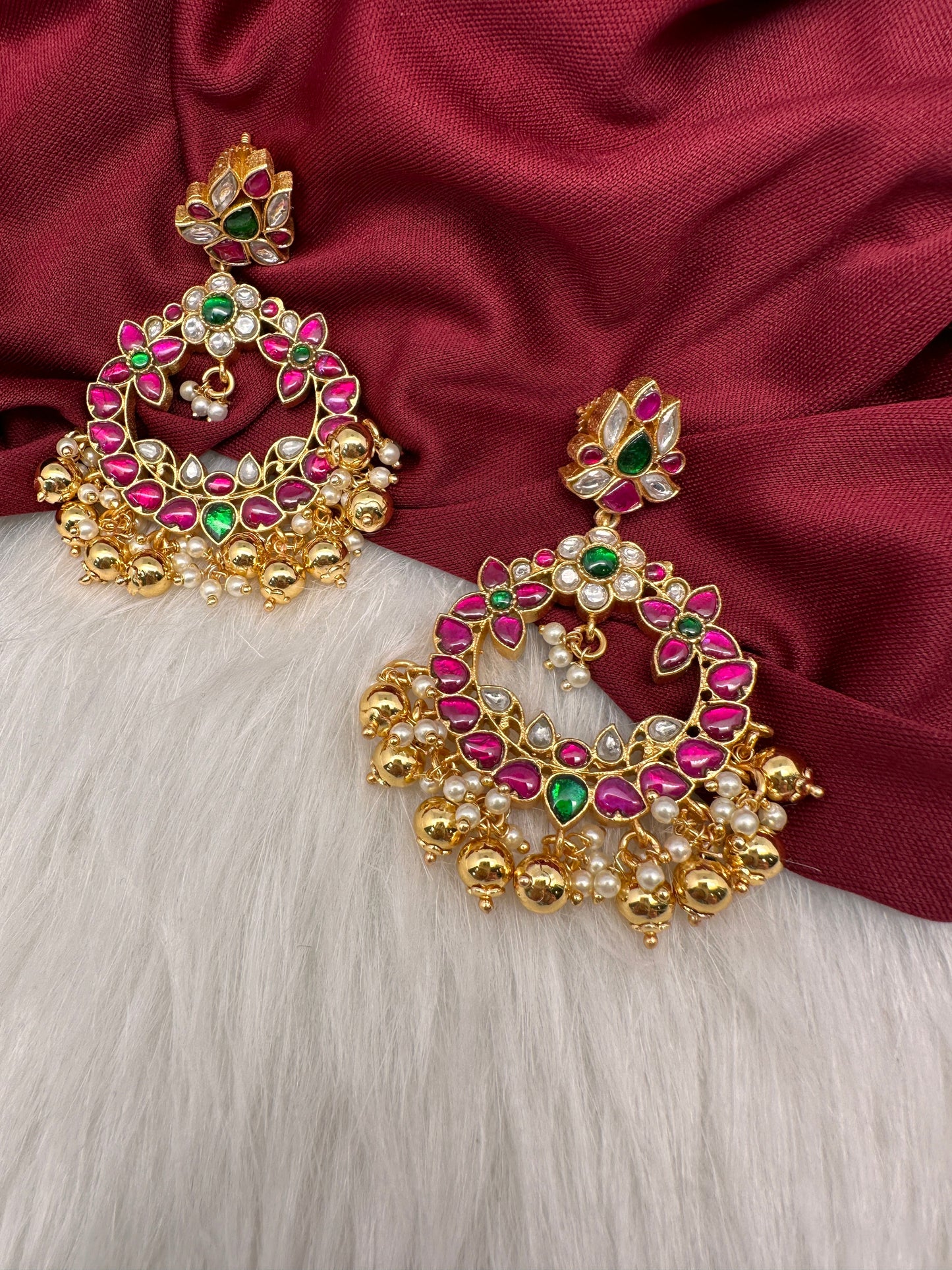 Multi Stone Floral Jadau Kundan Chandballi Earrings