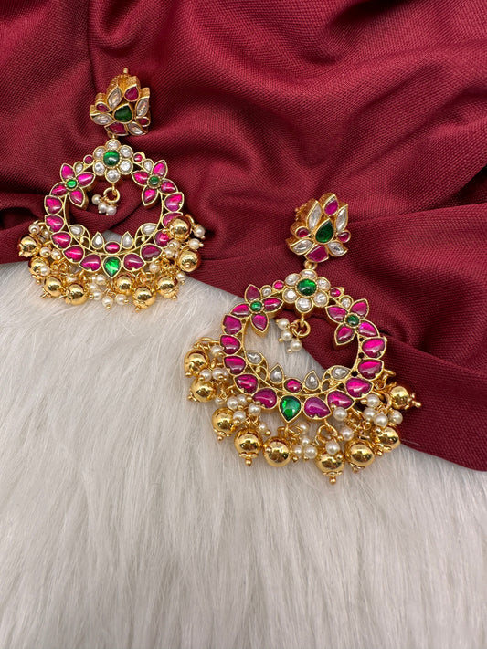 Multi Stone Floral Jadau Kundan Chandballi Earrings