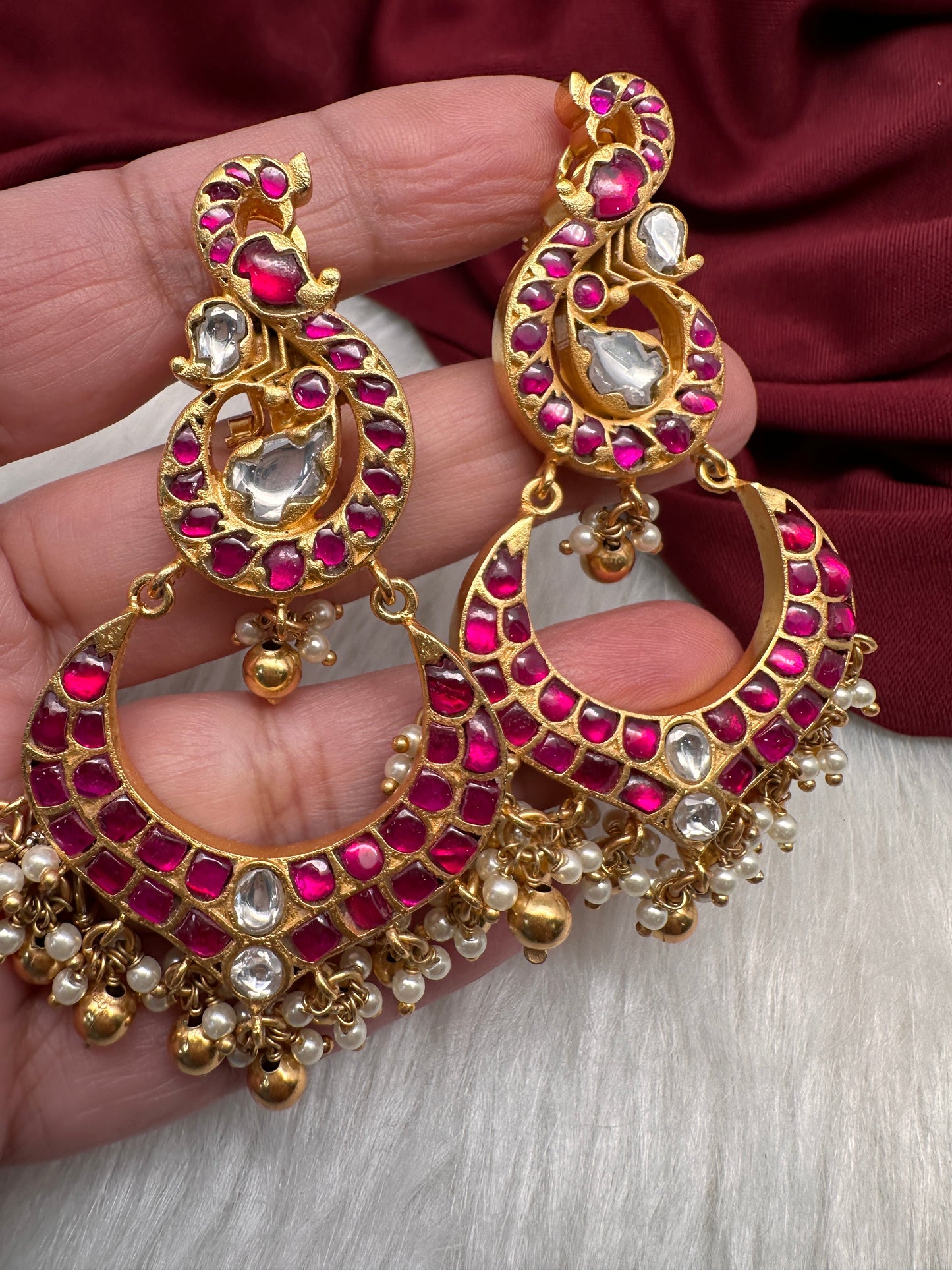 Red Jadau Kundan Peacock Earrings