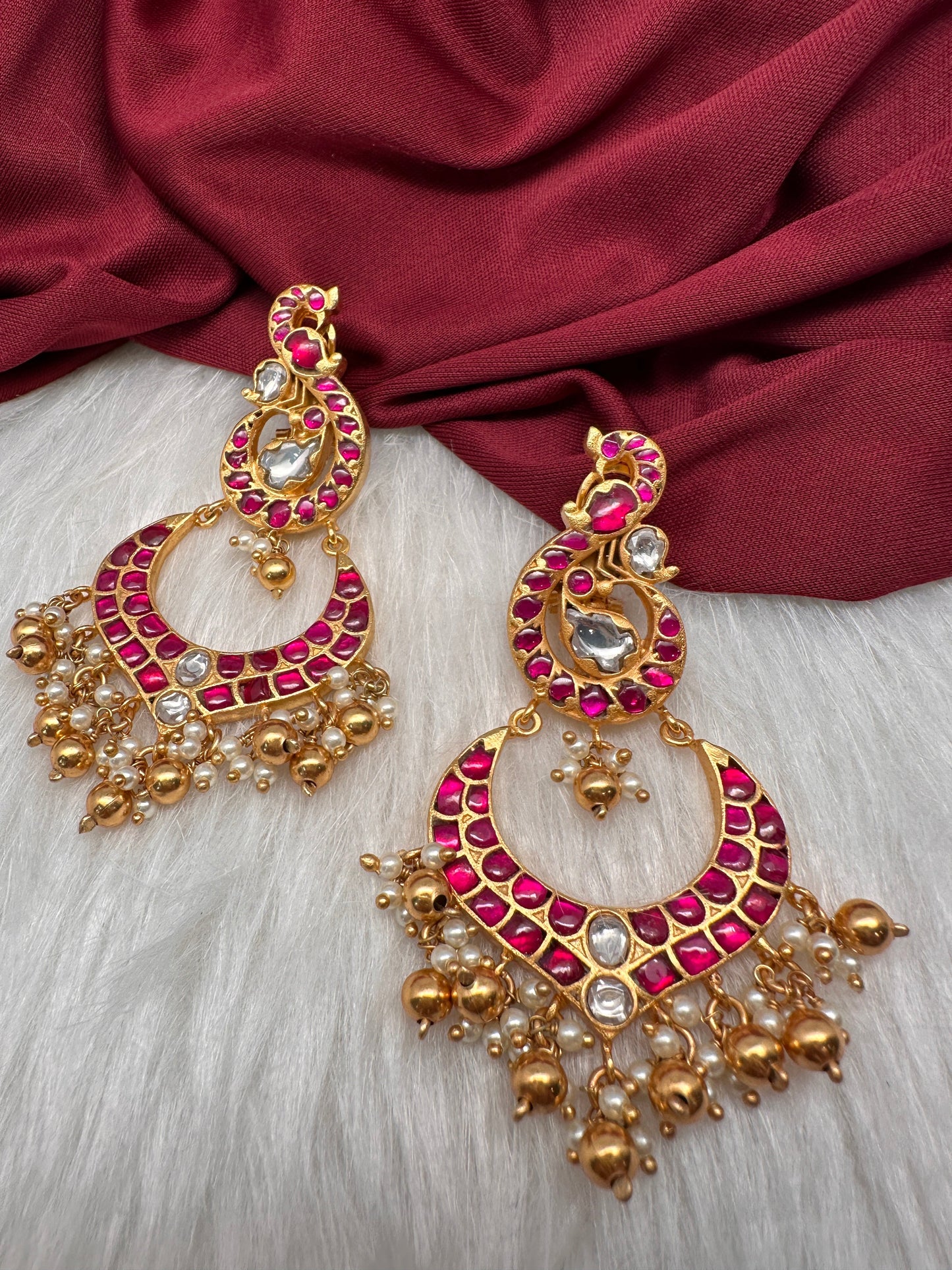 Red Jadau Kundan Peacock Earrings