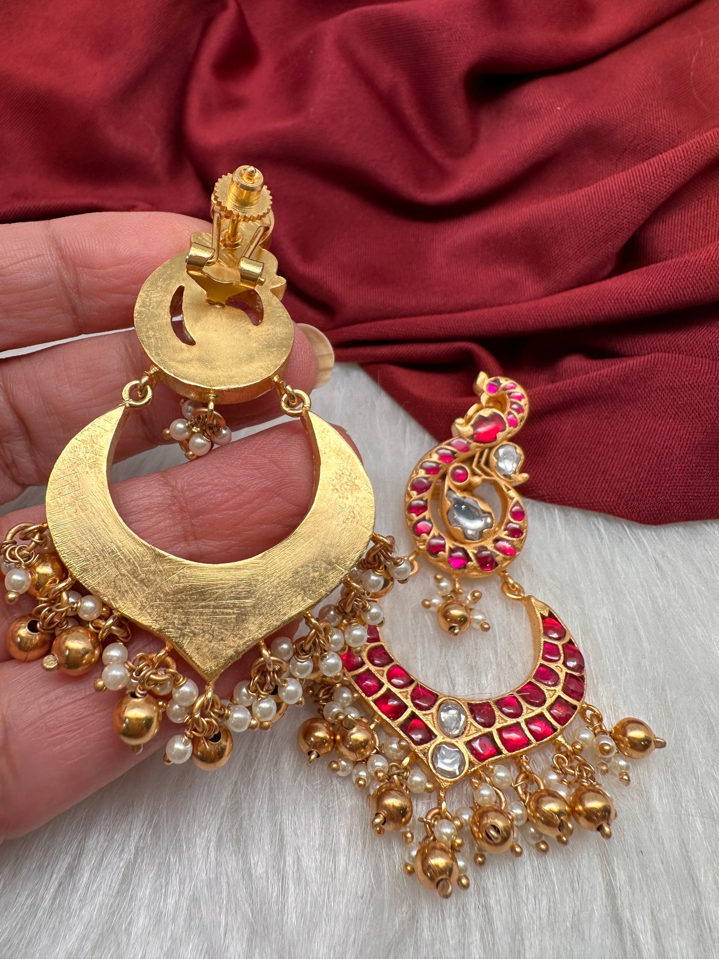 Red Jadau Kundan Peacock Earrings