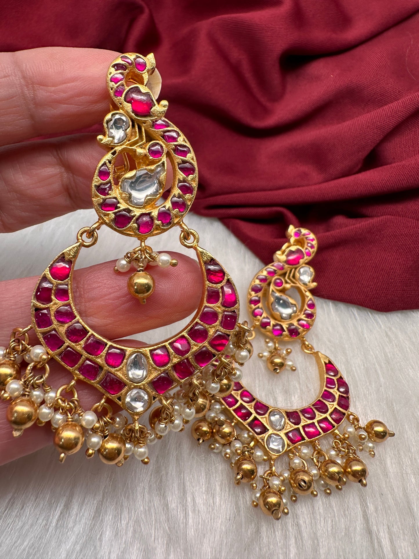 Red Jadau Kundan Peacock Earrings