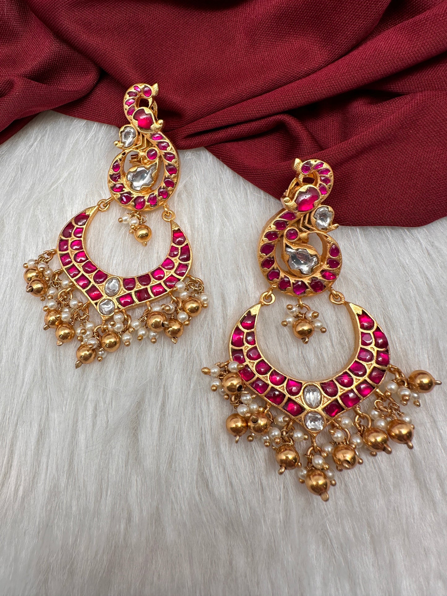 Red Jadau Kundan Peacock Earrings