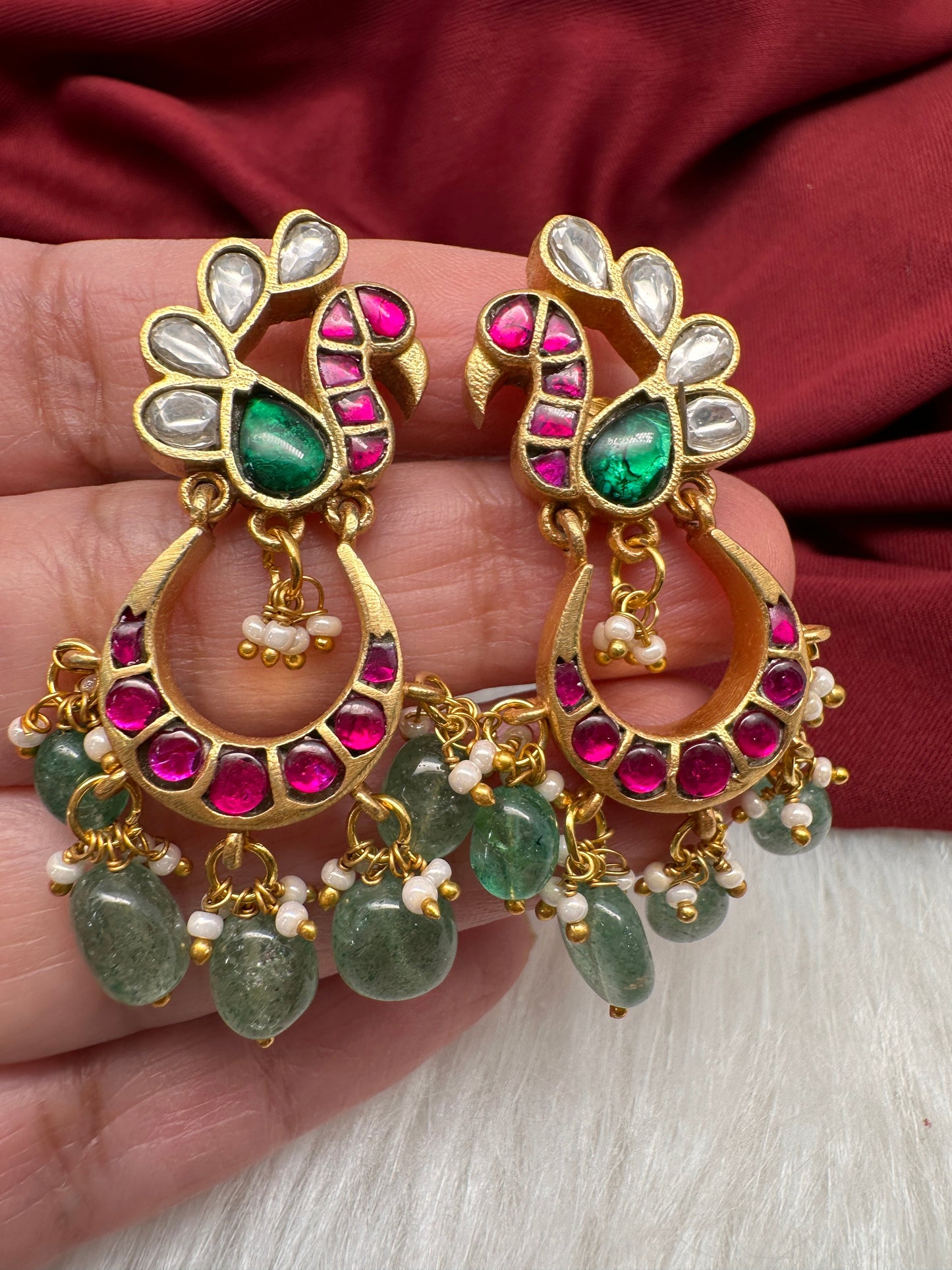 Peacock Jadau Kundan Emerald Beads Earrings