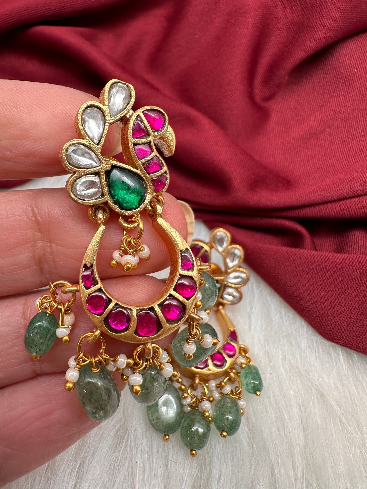 Peacock Jadau Kundan Emerald Beads Earrings