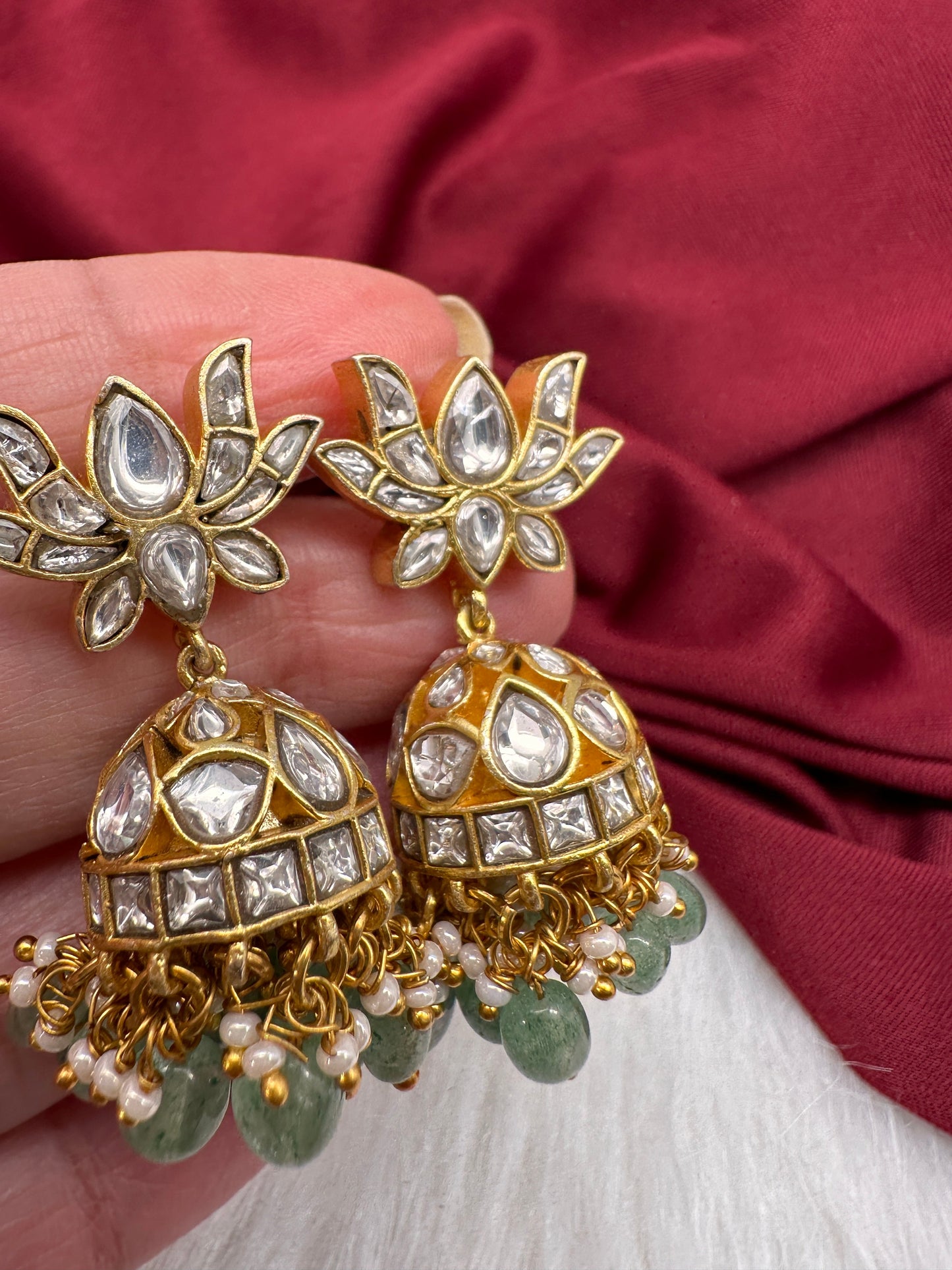 White Jadau Kundan Emerald Beads Earrings