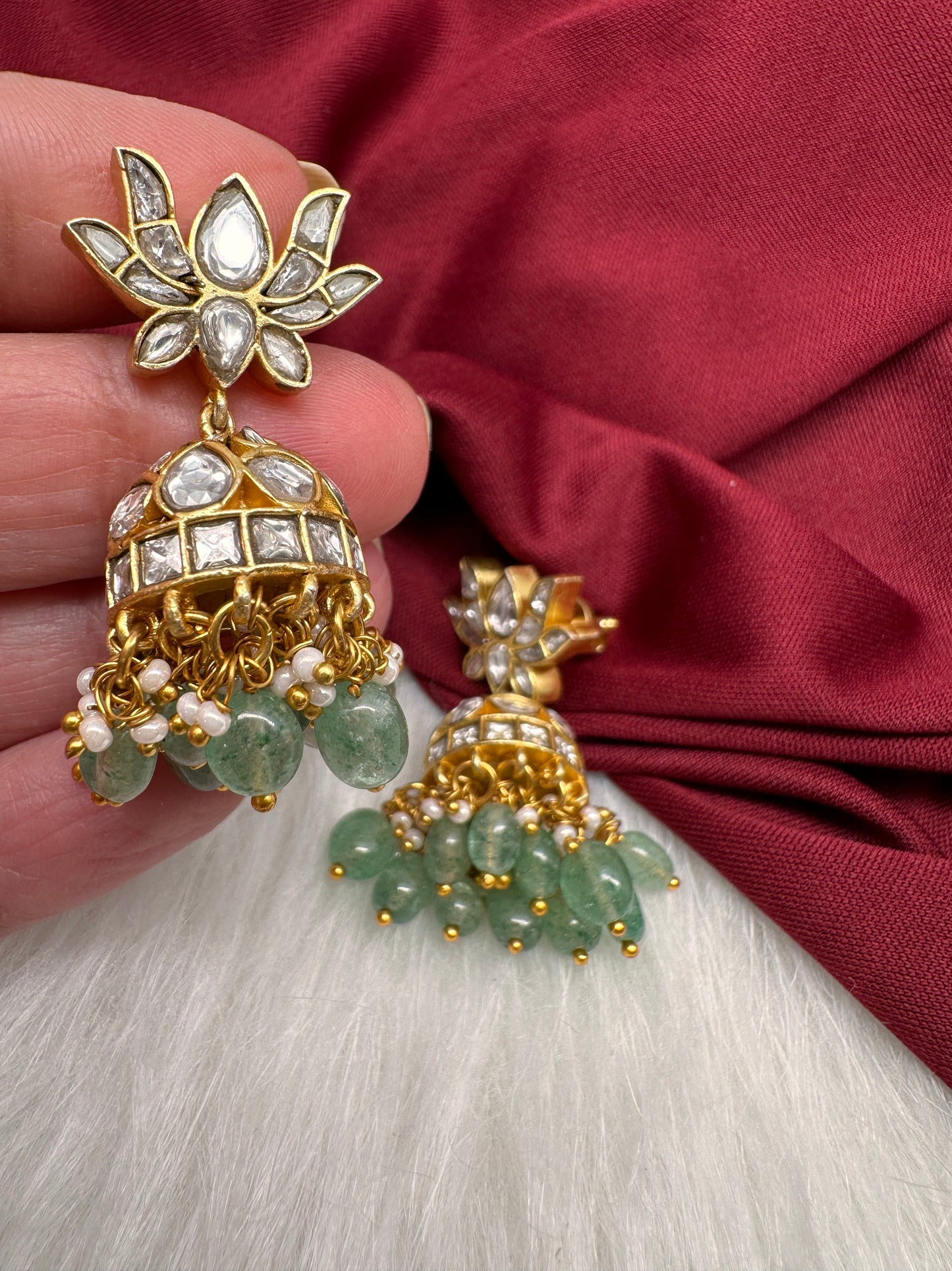 White Jadau Kundan Emerald Beads Earrings