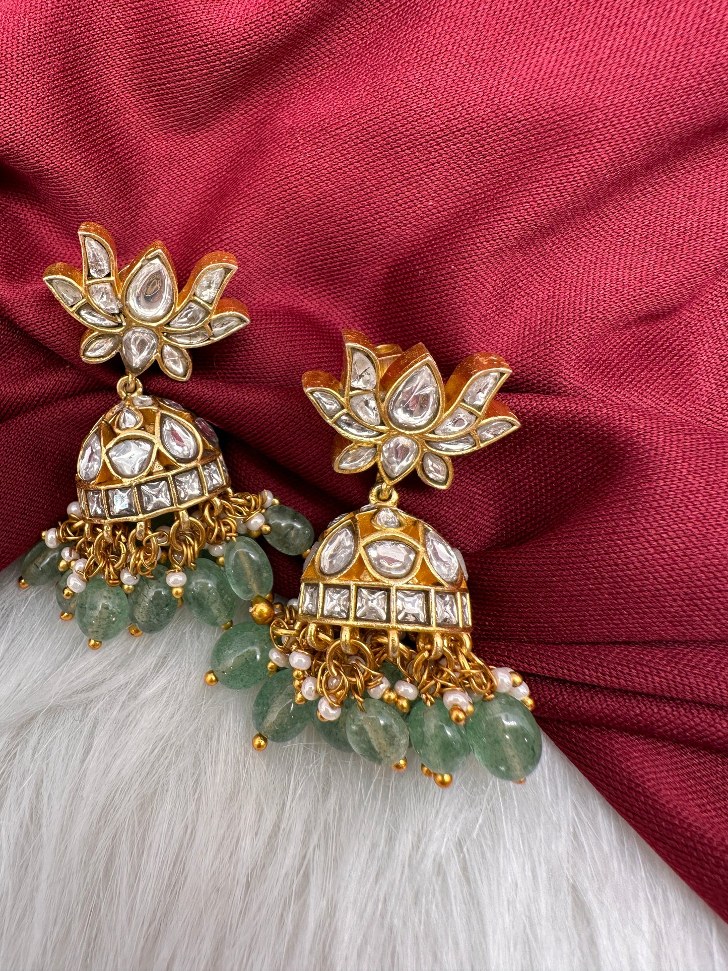 White Jadau Kundan Emerald Beads Earrings