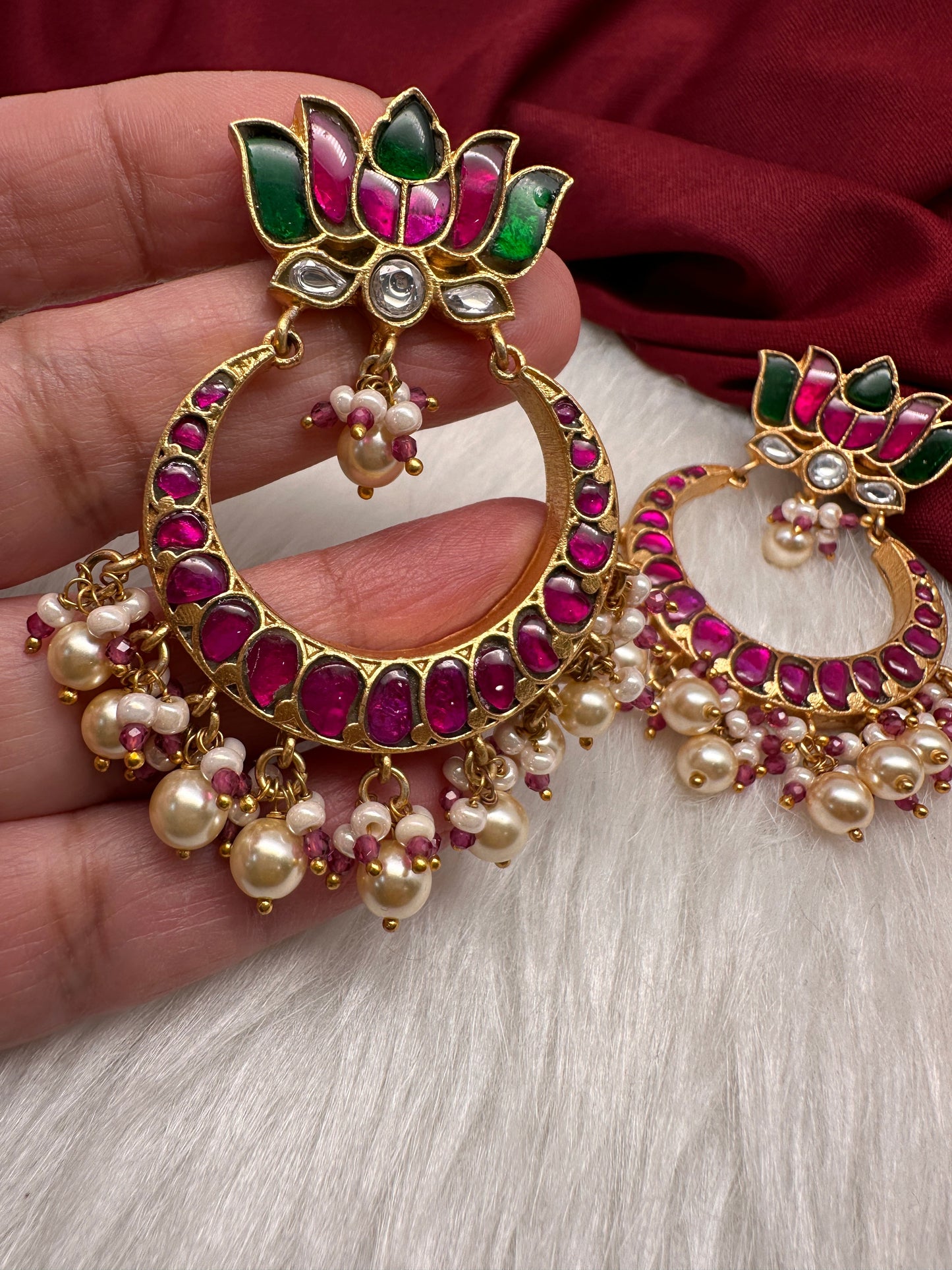 Lotus Jadau Kundan Big Chandbali Earrings