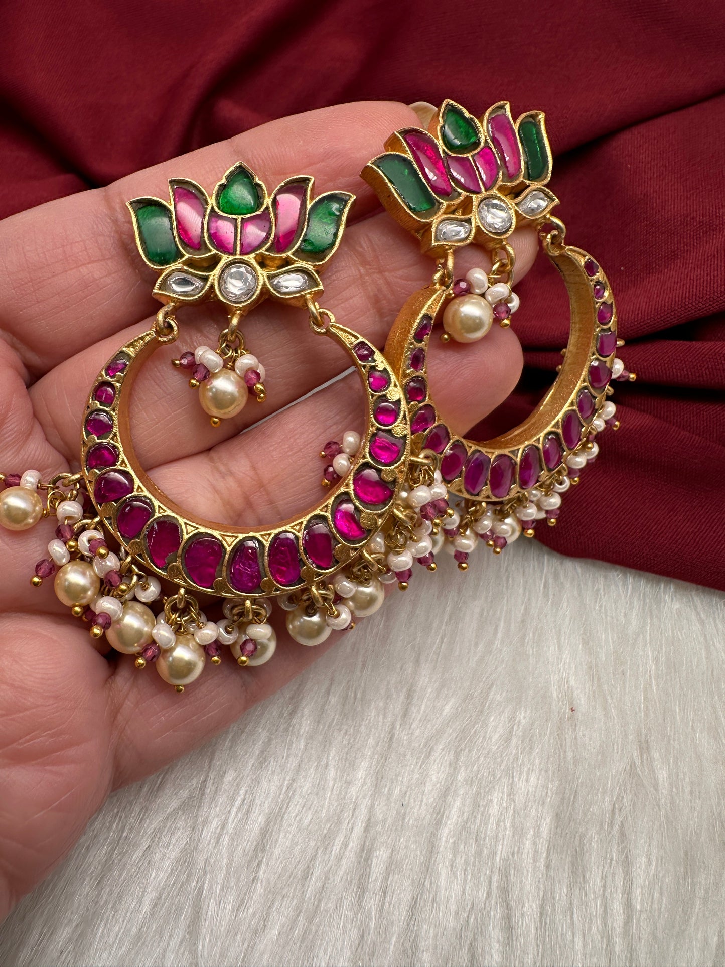 Lotus Jadau Kundan Big Chandbali Earrings