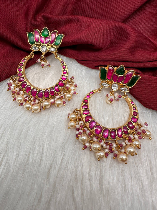 Lotus Jadau Kundan Big Chandbali Earrings