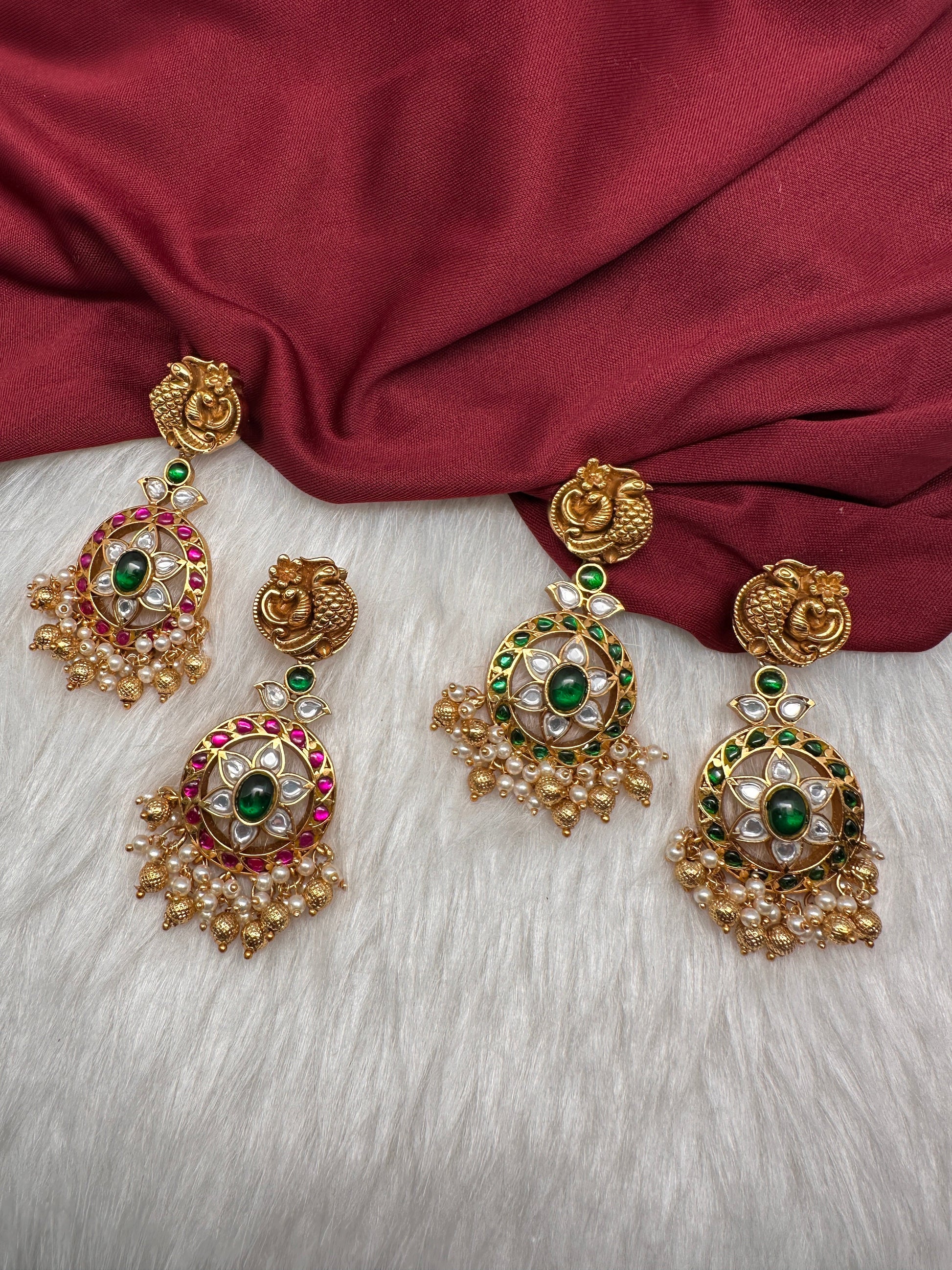 Nakshi Jadau Kundan Floral Color Earrings - Green