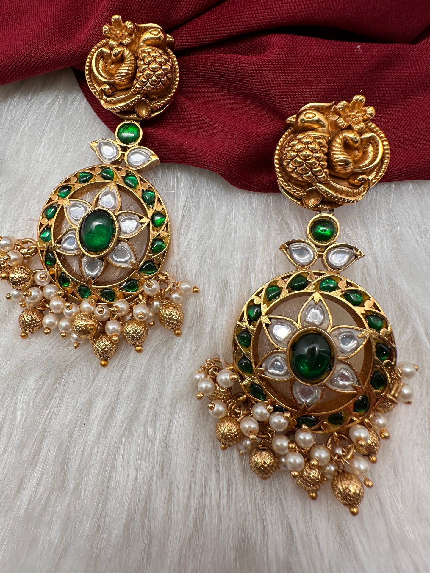 Nakshi Jadau Kundan Floral Color Earrings - Green