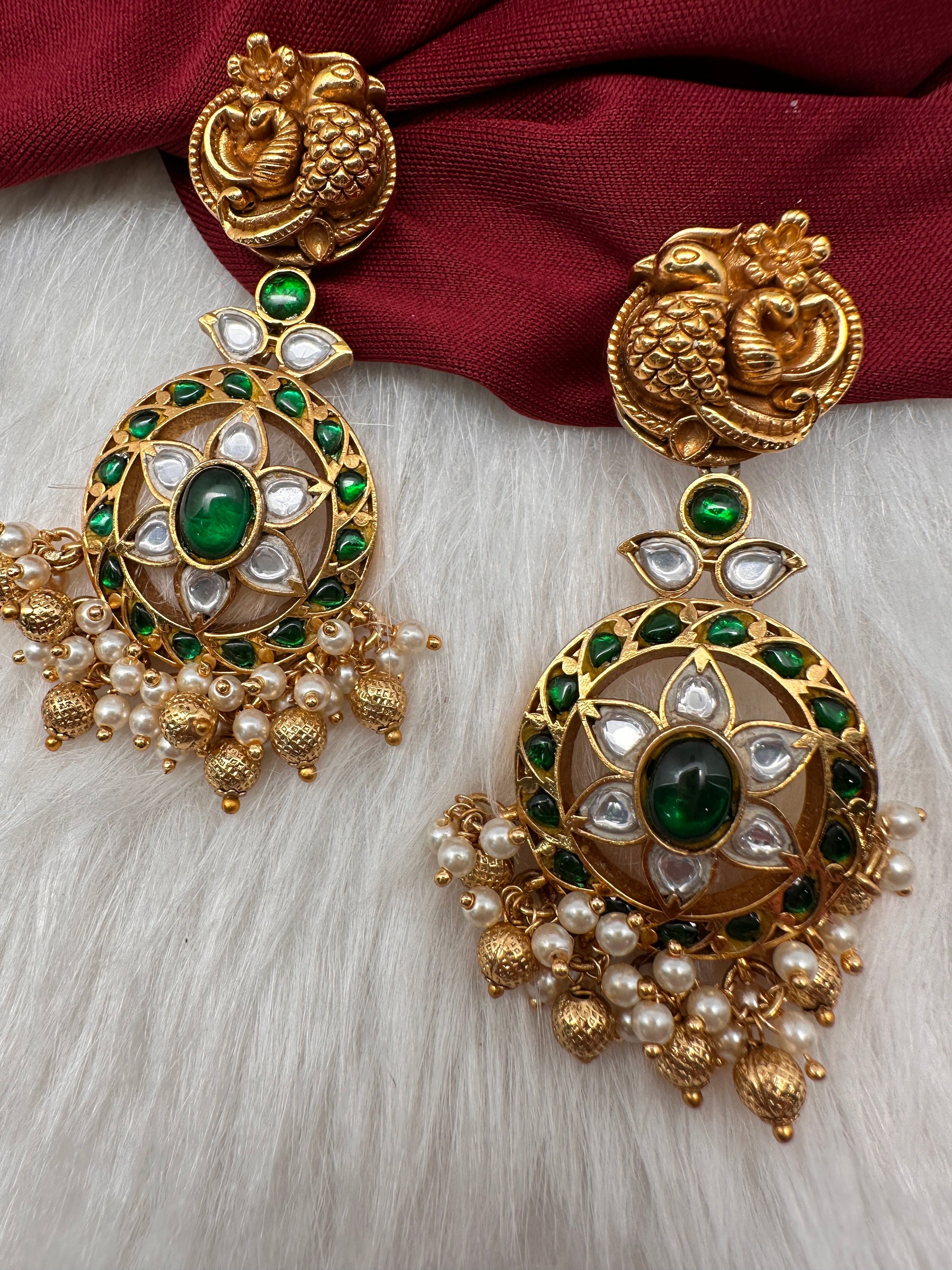 Nakshi Jadau Kundan Floral Color Earrings - Green