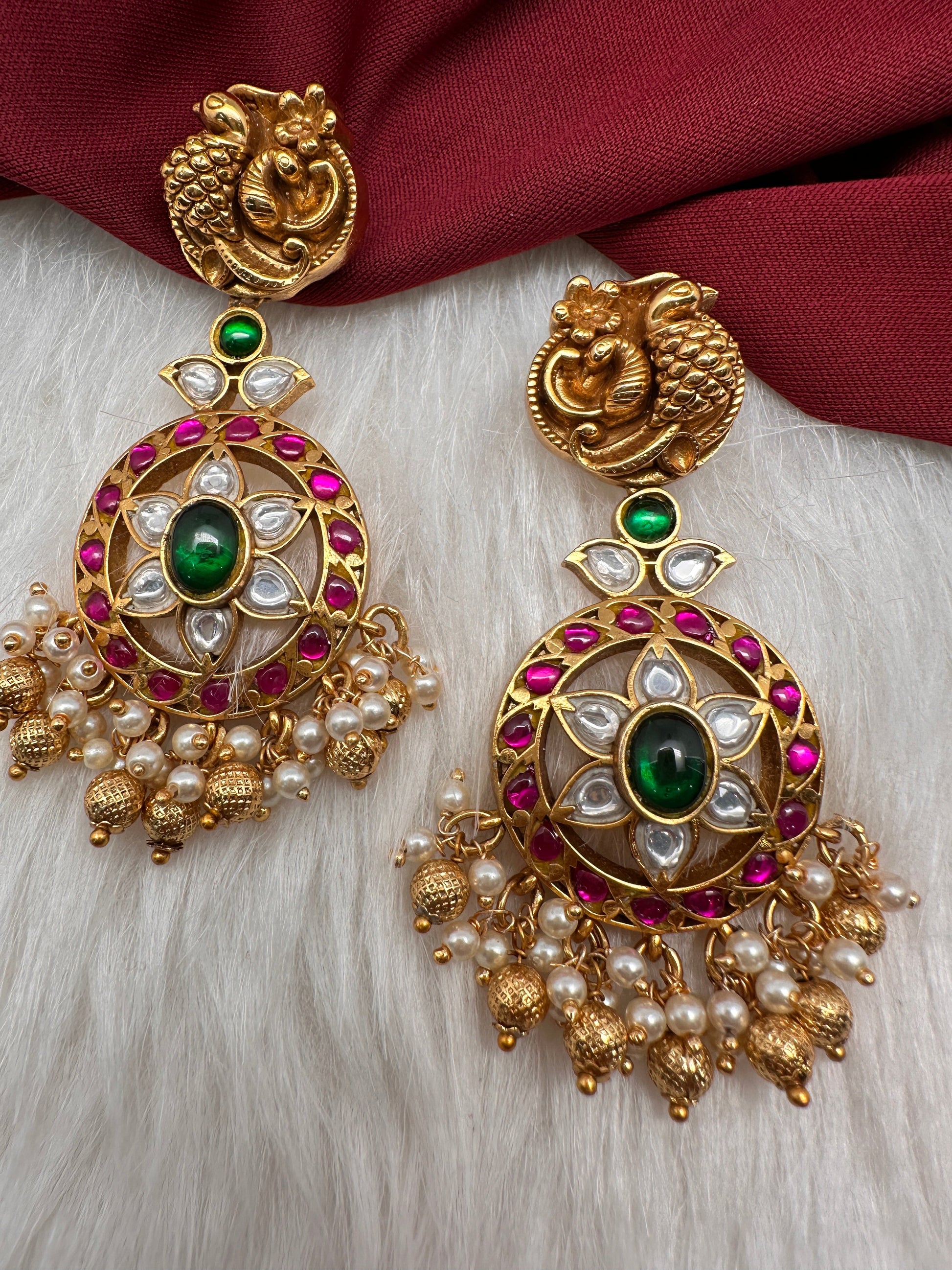 Nakshi Jadau Kundan Floral Color Earrings - Red