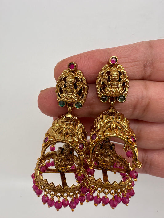 Matte Goddess Lakshmi Jhumka Earrings - Red