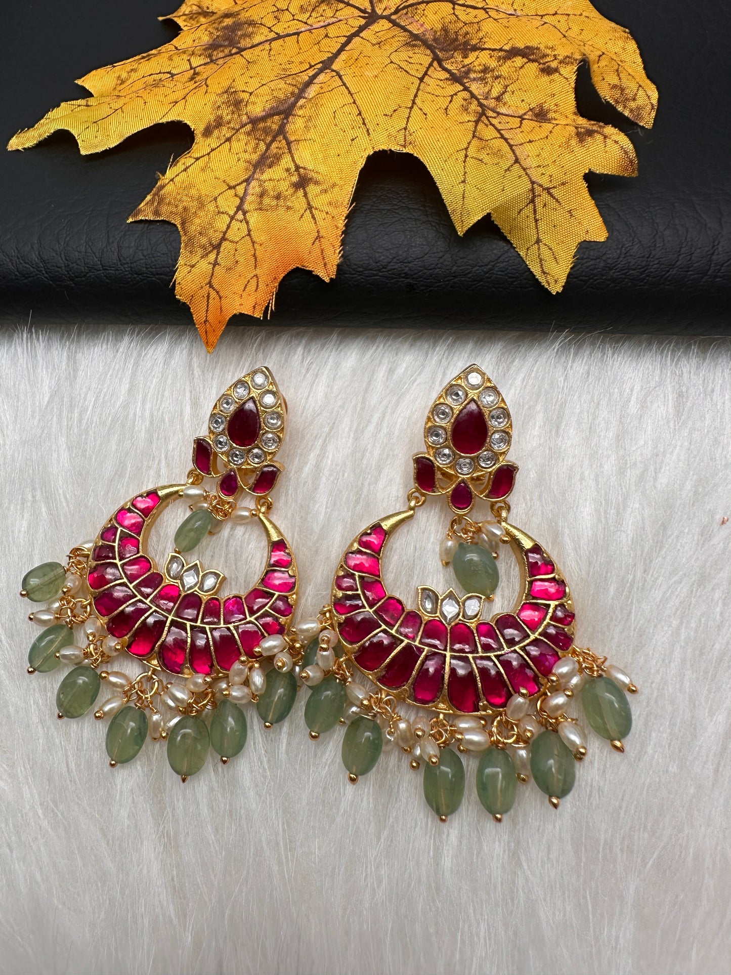 Red Jadau Kundan Chandballi Earrings