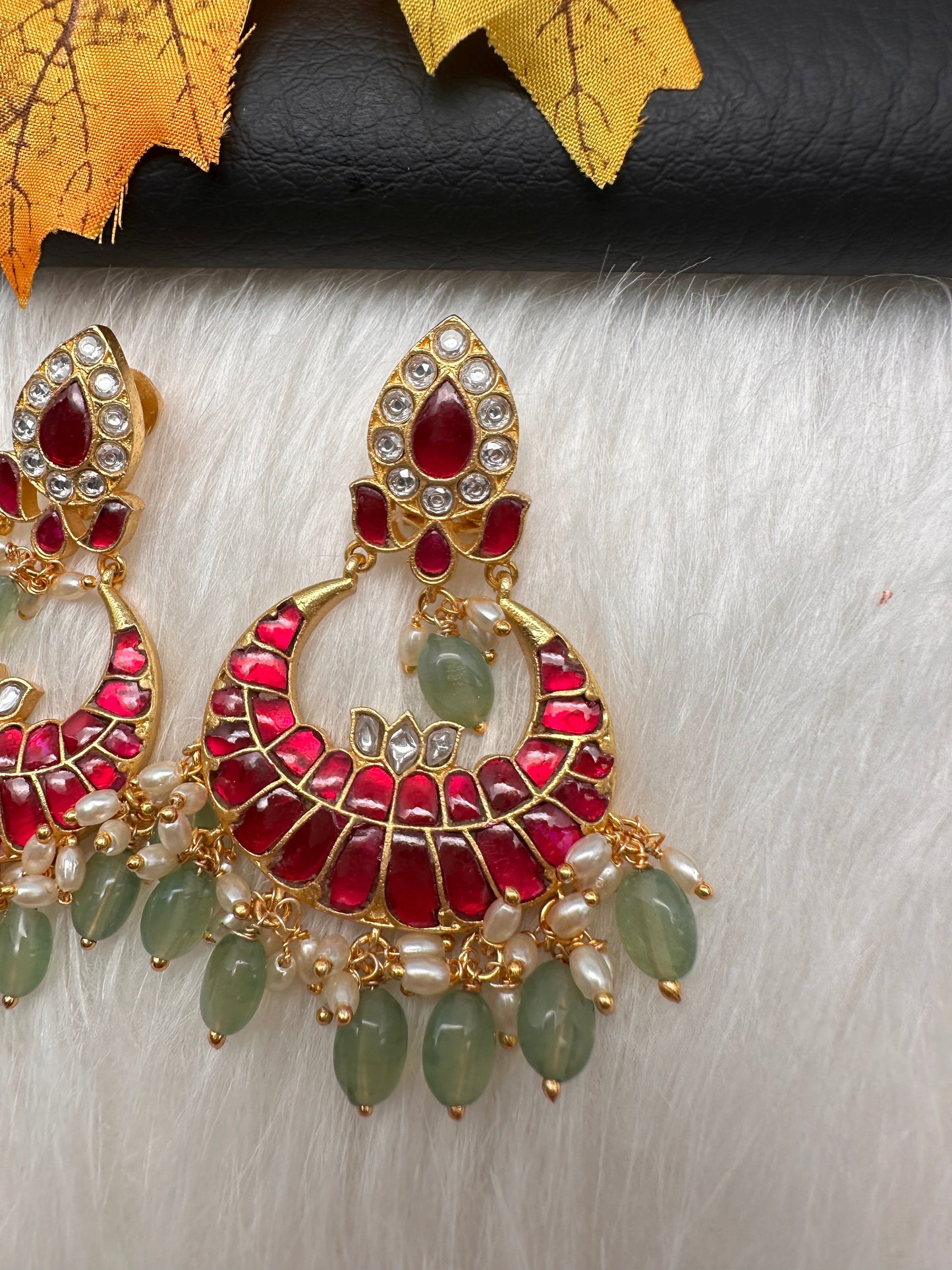 Red Jadau Kundan Chandballi Earrings