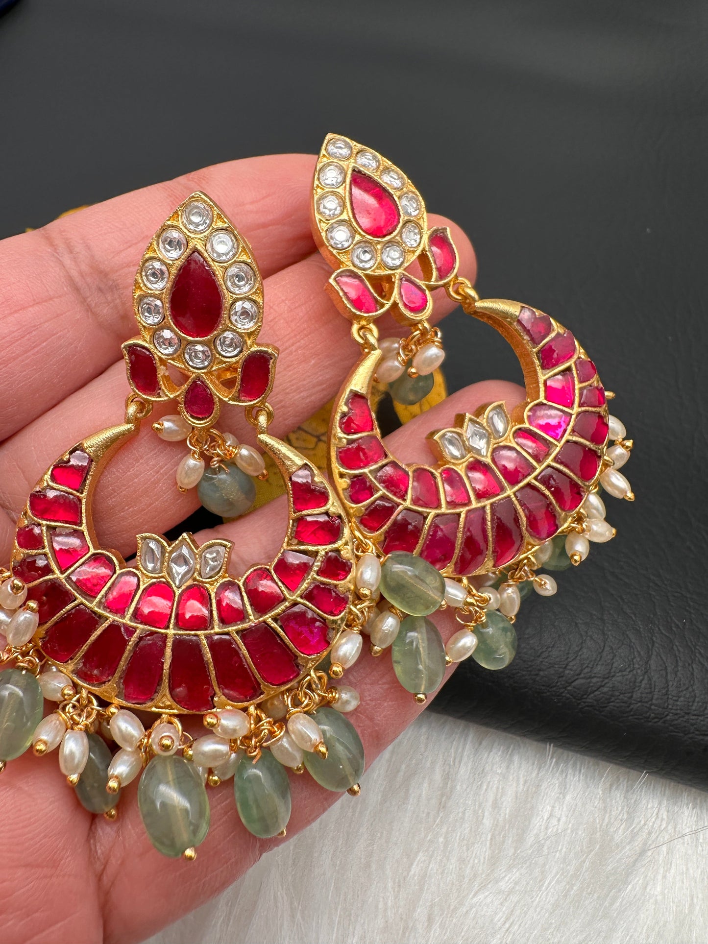 Red Jadau Kundan Chandballi Earrings