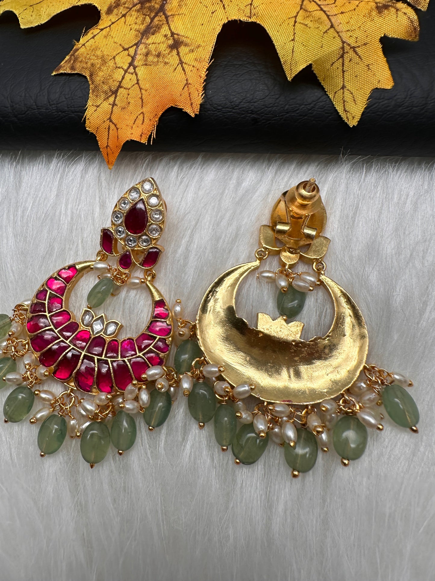 Red Jadau Kundan Chandballi Earrings