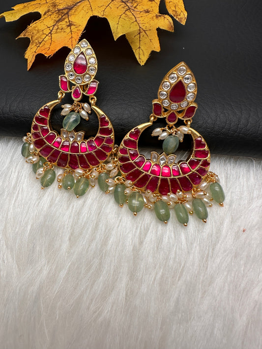 Red Jadau Kundan Chandballi Earrings