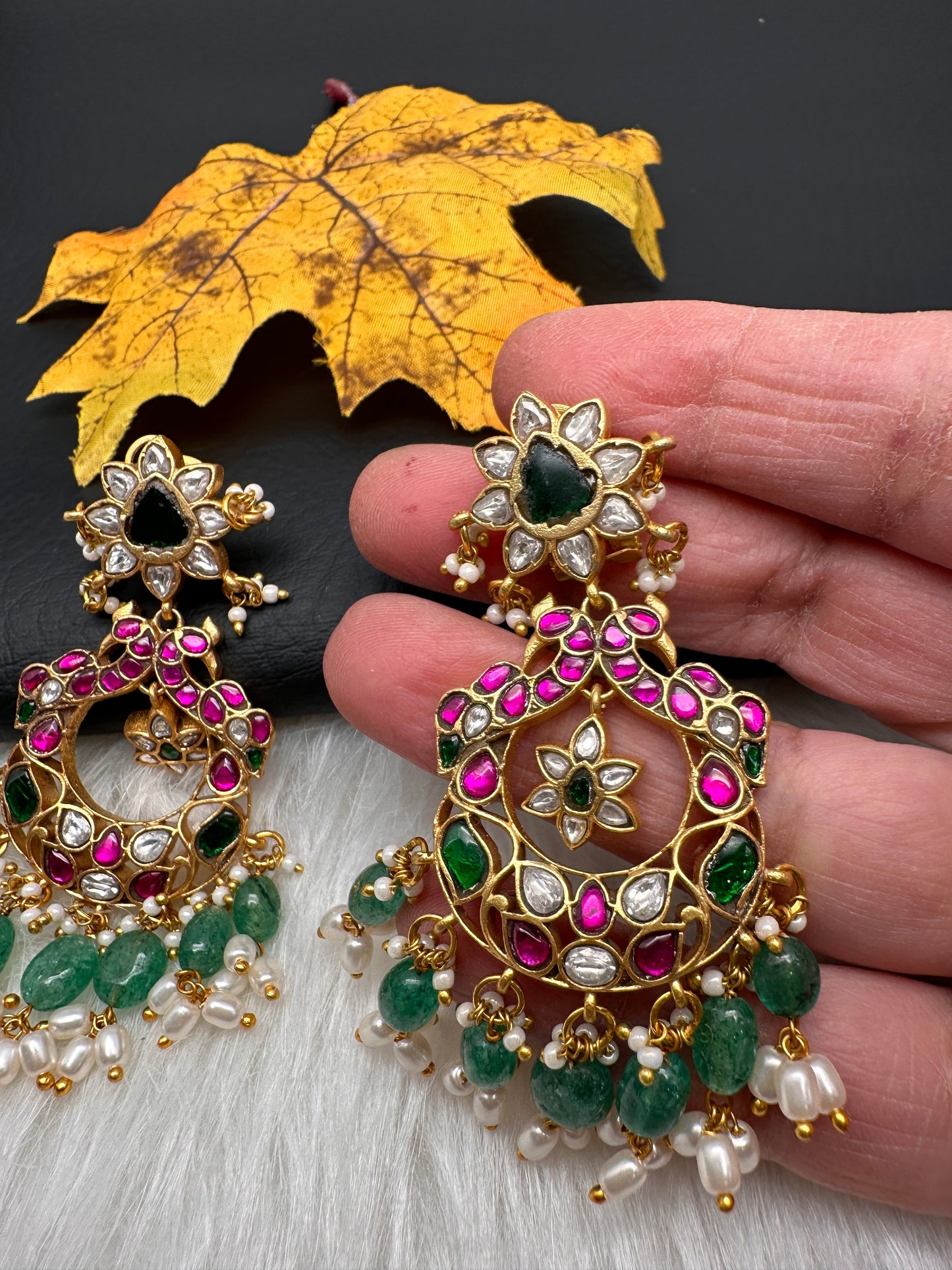 Red Jadau Kundan Chandballi Earrings